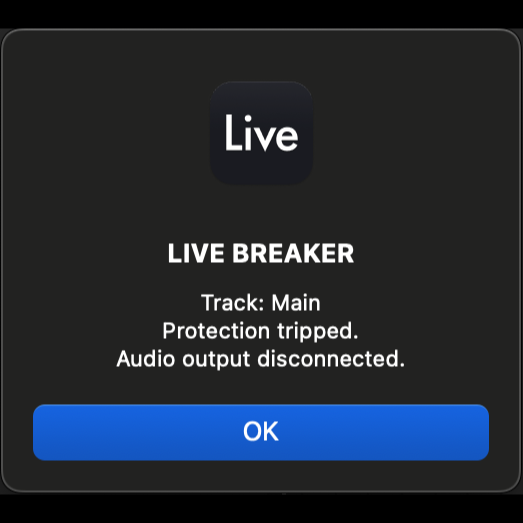 Live Breaker track-aware macOS alert identifying the Ableton Live track where protection was tripped
