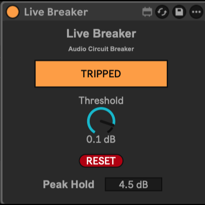 Live Breaker Max for Live audio safety device in the TRIPPED protection state after exceeding the threshold